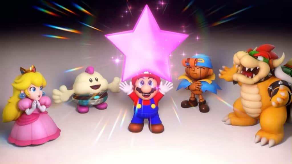 This screenshot from the remake of Super Mario RPG shows the redesigned main characters.
