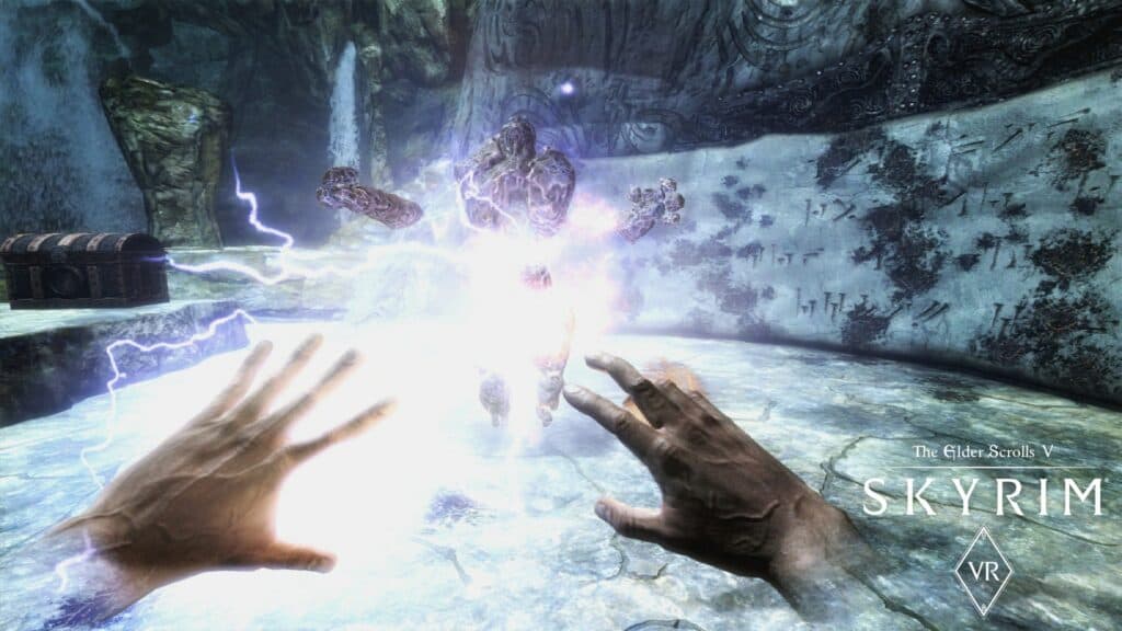Combat with spells in The Elder Scrolls V: Skyrim VR.