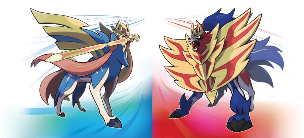 Official artwork of Zacian and Zamazenta from Pokemon Sword and Shield.