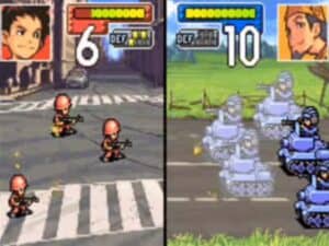 A screenshot from the game Advance Wars, showing soldiers firing at each other.