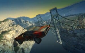 Screenshot from the game Burnout Paradise, featuring a car flying through the air over the water, with a suspension bridge in the background.