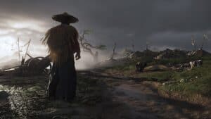 Main protagonist in Ghost of Tsushima pondering combat