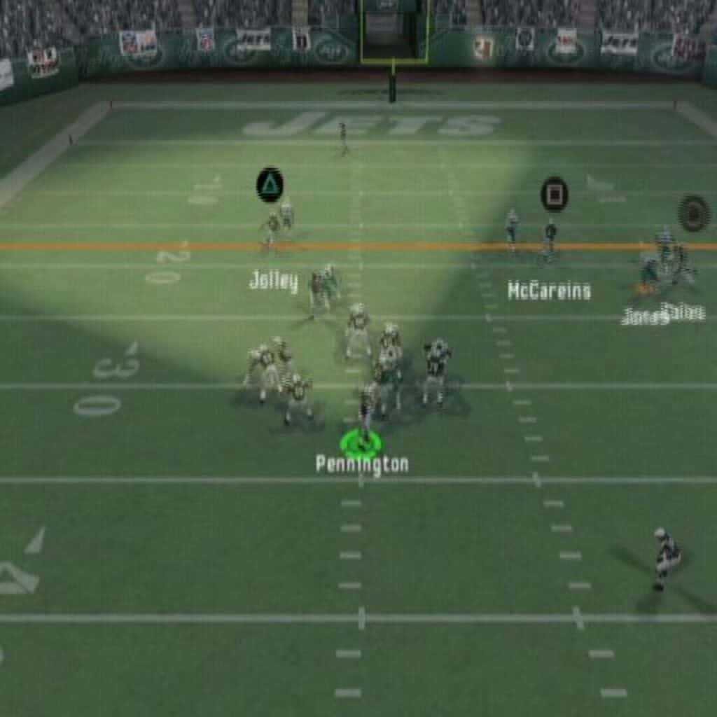 Screenshot of Madden NFL 2006, showing a player getting ready to make a pass using the QB Vision system. The quarterback's vision cone is highlighted on screen.