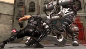A screenshot from the Ninja Gaiden Series, showing a ninja battling a robot.