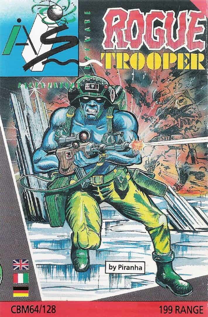 Cover art for the Rogue Trooper comic book, featuring main character Rogue shooting a machine gun