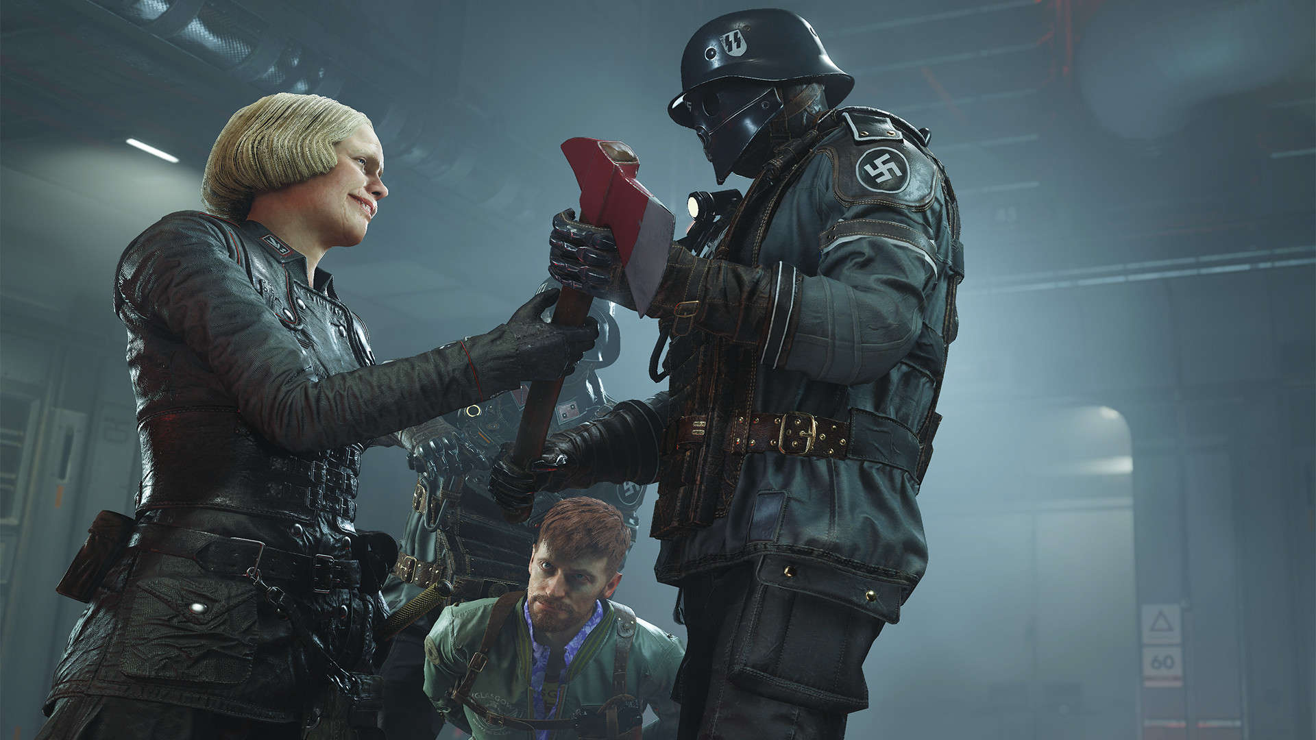 Wolfenstein II's main antagonist prepares to execute a prisoner.