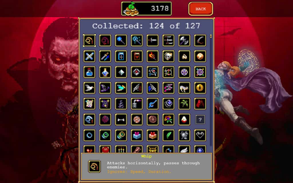 Vampire Survivors item menu promo screenshot