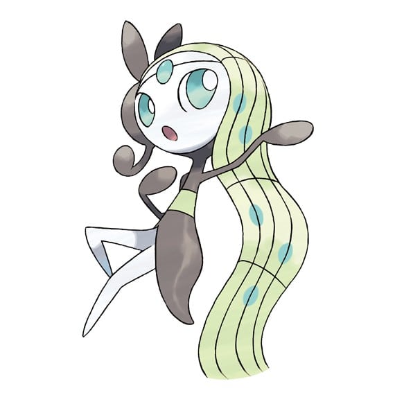 Meloetta, a Pokemon shaped like a music note. sings in their official portrait.