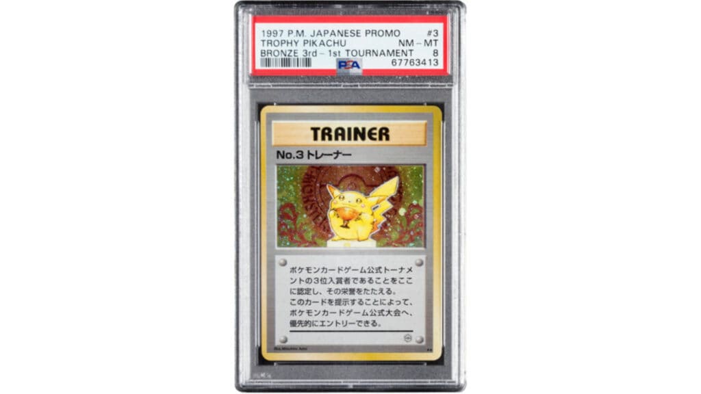 A photo of the 1997 Pokémon Trophy Pikachu No.3 Trainer Bronze Pokémon Card by Heritage Auctions.