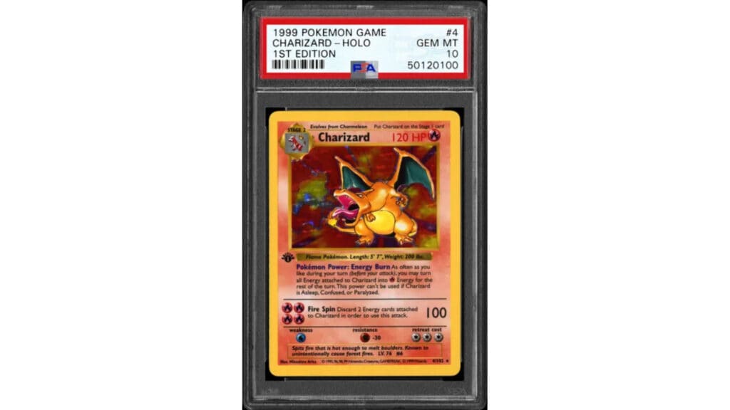 An image of the 1999 Pokémon Base Set Shadowless 1st Edition Holo Charizard Pokémon card by PSA Grading.