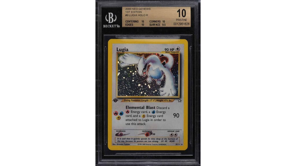 An image of the 2000 Neo Genesis 1st Edition Holo Lugia Pokémon card from PWCC Marketplace, where it sold in 2021.