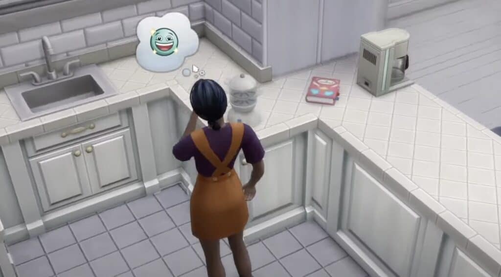 A Sim standing next to Grannies Cookbook
