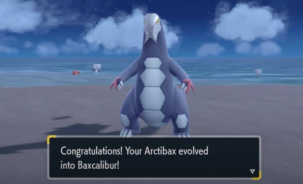 A close-up of Baxcalibur in Pokemon Violet and Scarlet