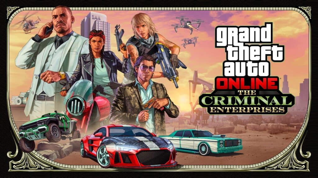A promotional image for Grand Theft Auto Online's The Criminal Enterprises Update.