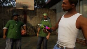 CJ with a spray bottle in Grand Theft Auto San Andreas The Definitive Edition.