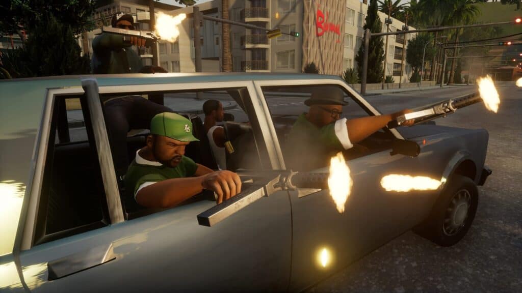 Drive by shooting in Grand Theft Auto San Andreas The Definitive Edition.