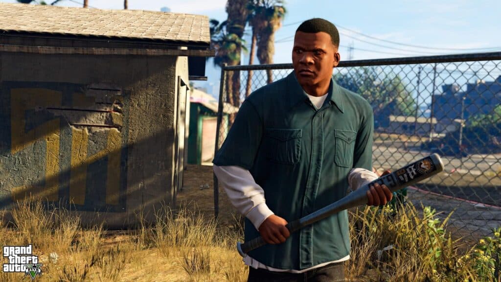 Franklin Clinton with a baseball bat in Grand Theft Auto V.