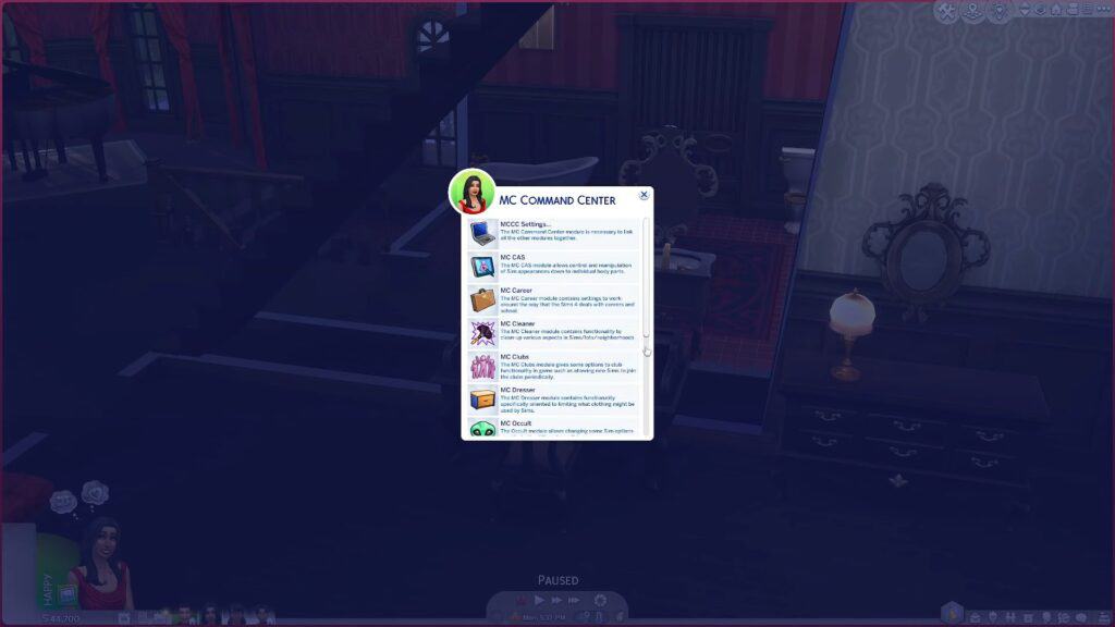 A screenshot from the MC Command Center Mod in The Sims 4.