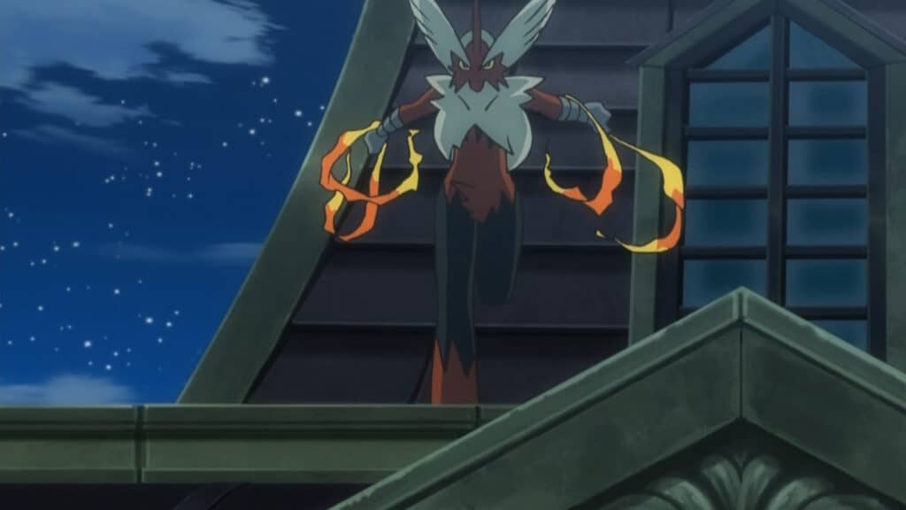 Mega Blaziken appears in this screenshot from the Pokemon anime.