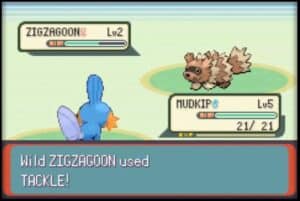 A screenshot of the starter Pokemon Mudkip fighting Zigzagoon.