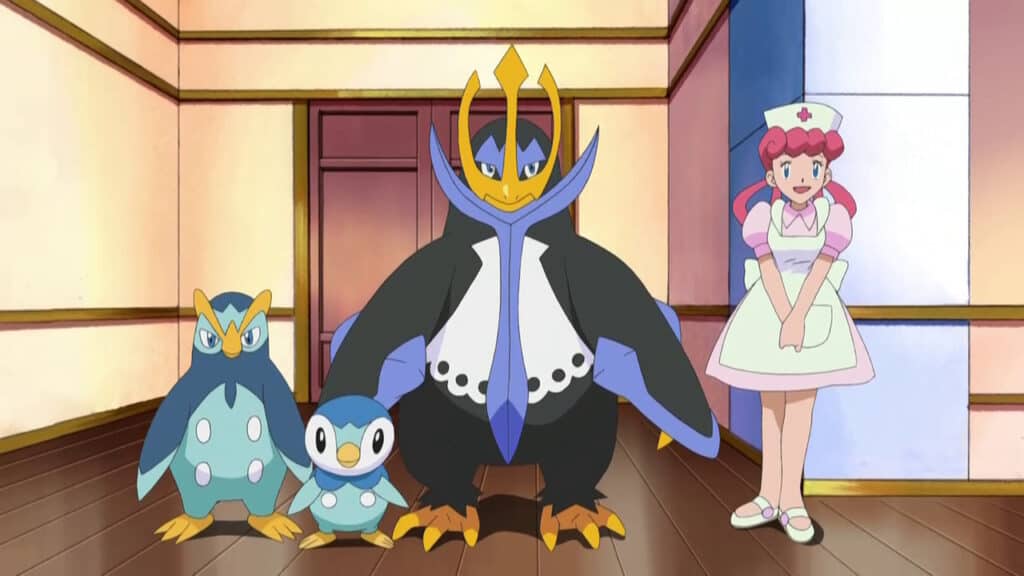 This anime screenshot shows all of Piplup's evolutions.