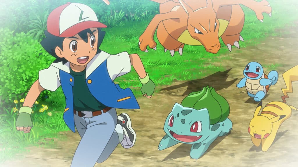 Ash and his starter Pokemon appear in this screenshot from the anime.