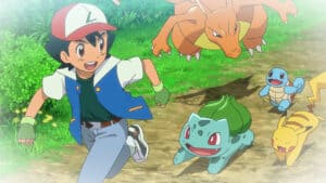 Ash and his starter Pokemon appear in this screenshot from the anime.