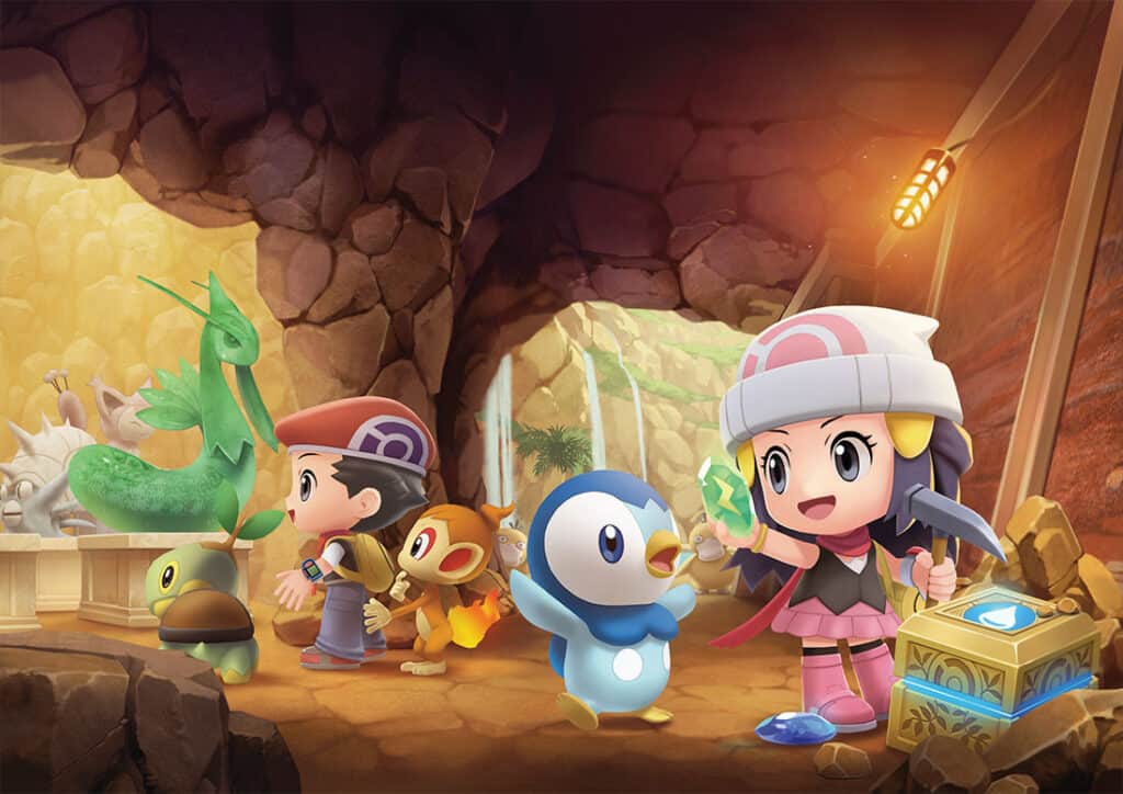 Promotional art for Pokemon Brilliant Diamond and Shining Pearl shows characters exploring the new Grand Underground.
