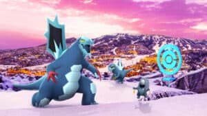 A group of cold weather Pokemon stand in the snow in Pokemon GO.