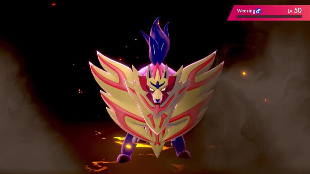 Zamazenta stands in the aftermath of its Behemoth Bash ability.