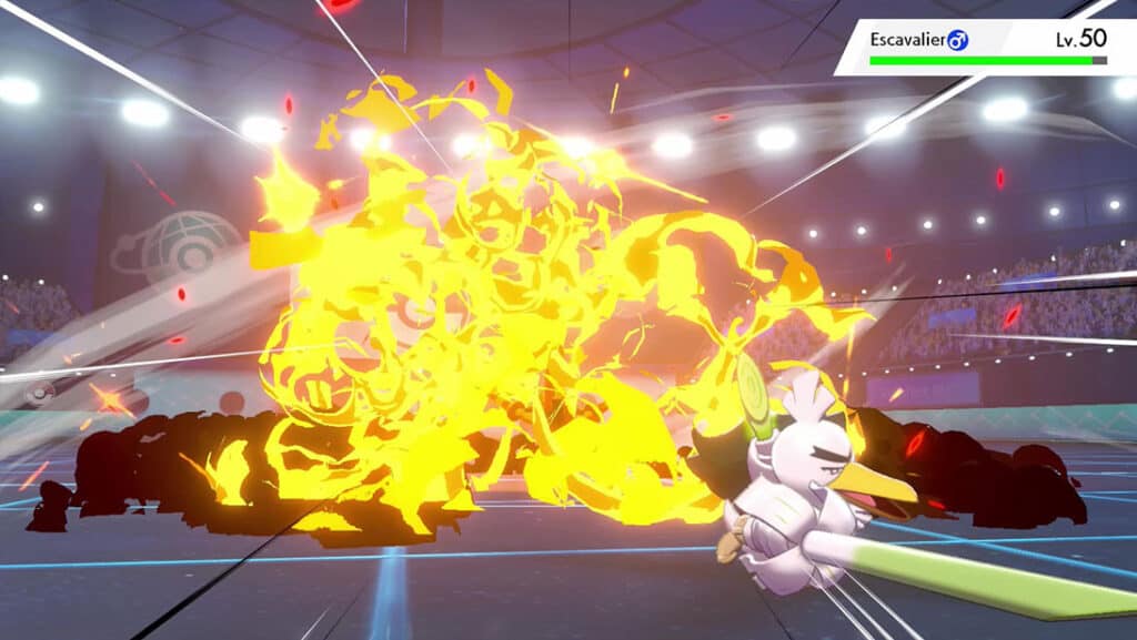 Pokemon Sword's exclusive creature Sirfetch'd uses its signature move Meteor Assault.