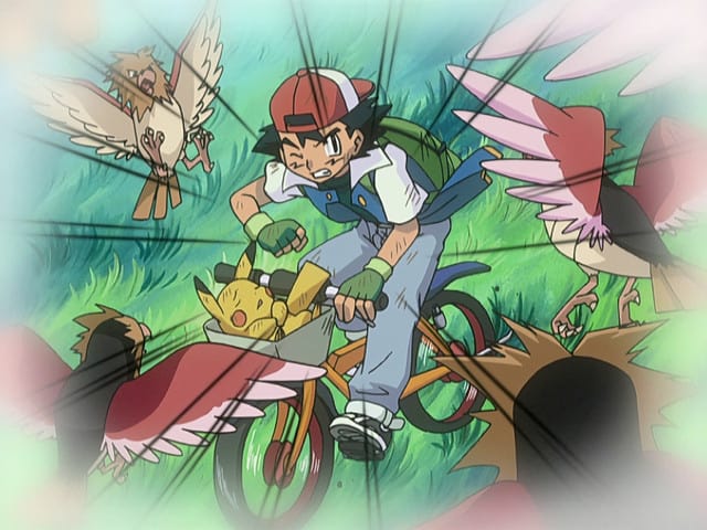 Ash flees a flock of Spearow in this screenshot from the Pokemon anime.