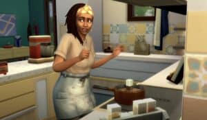 A Sim cooking in Sims 4