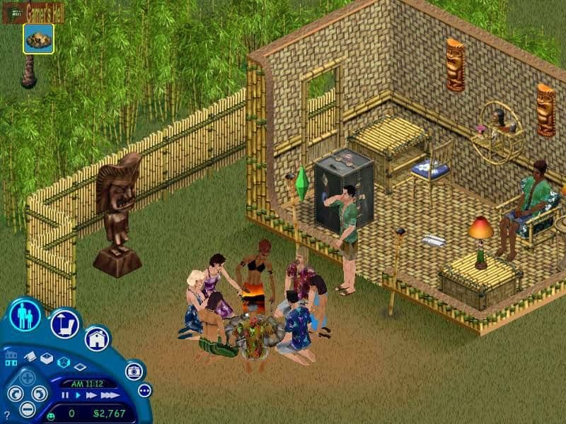 A group of Sims huddle around a campfire in The Sims 1.