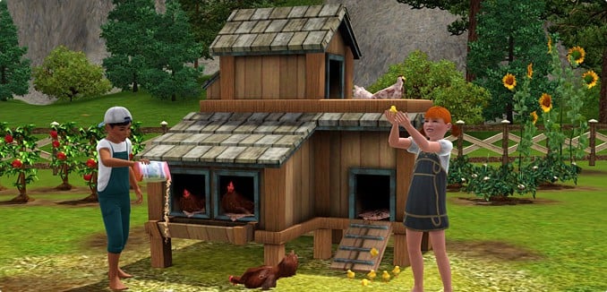 A screenshot of the Fowl and Feathers Chicken Coop from The Sims 3.