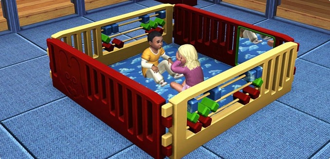 A screenshot of toddlers using the Head Start Playpen in The Sims 3.