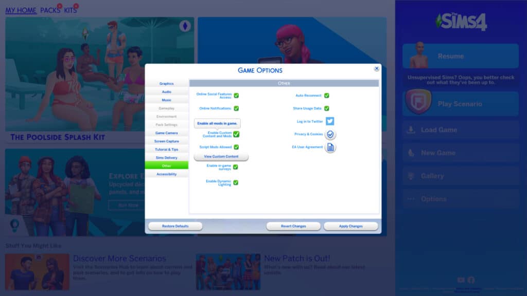 An in-game screenshot of The Sims 4's mod options.