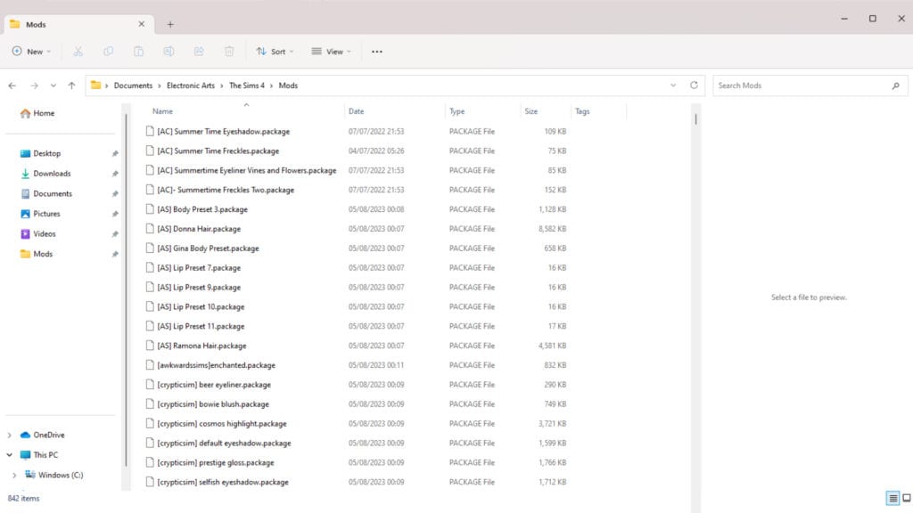 A screenshot of The Sims 4's Mods folder.
