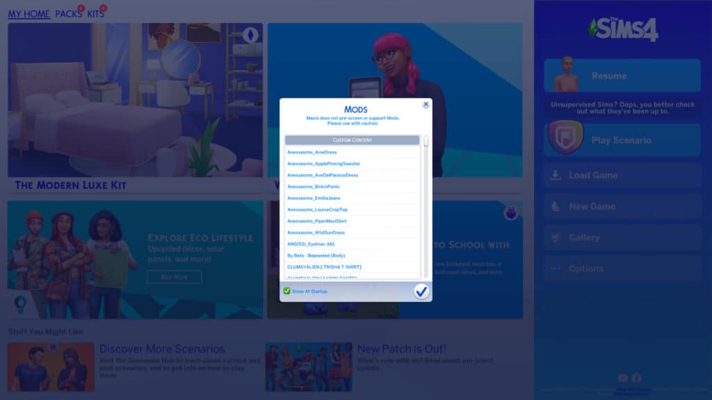 An in-game screenshot of The Sims 4's mods screen.