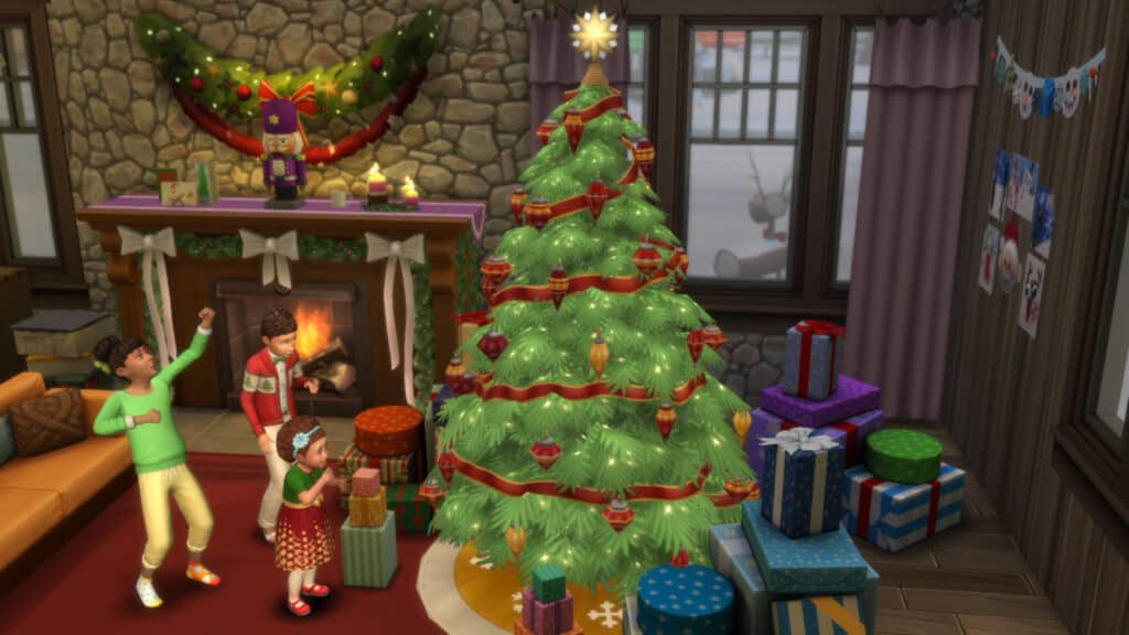 A screenshot of The Sims 4: Seasons showing a family celebrating around a Christmas tree.