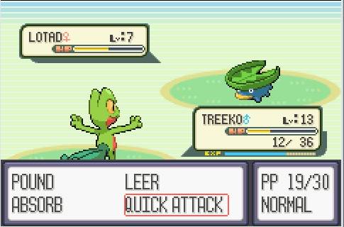 A screenshot of the starter Pokemon Treecko fighting Lotad.