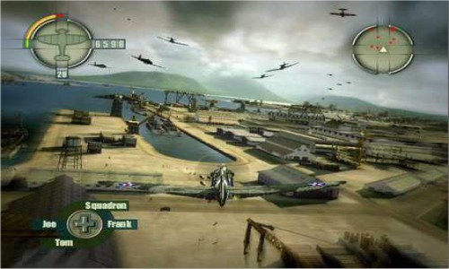 Screenshot of Blazing Angels: Squadrons of WWII, featuring a plane flying toward a seaport. other planes fly away in the background.