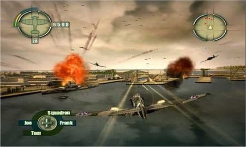 Screenshot from Blazing Angels: Squadrons of WWII, with a plane flying into an overcast sky, toward some explosions.