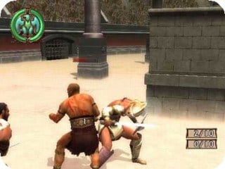 Screenshot from Colosseum: Road to Freedom, with Player character flinching after taking damage from an enemy in the pit of the colosseum.