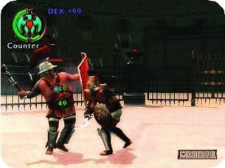 Player fighting an enemy who is holding a club and a shield. They are both surrounded by fences.