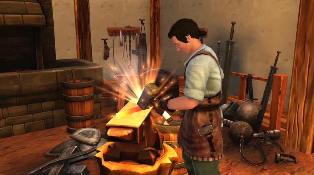 Blacksmithing is one of the playable jobs in The Sims Medieval.