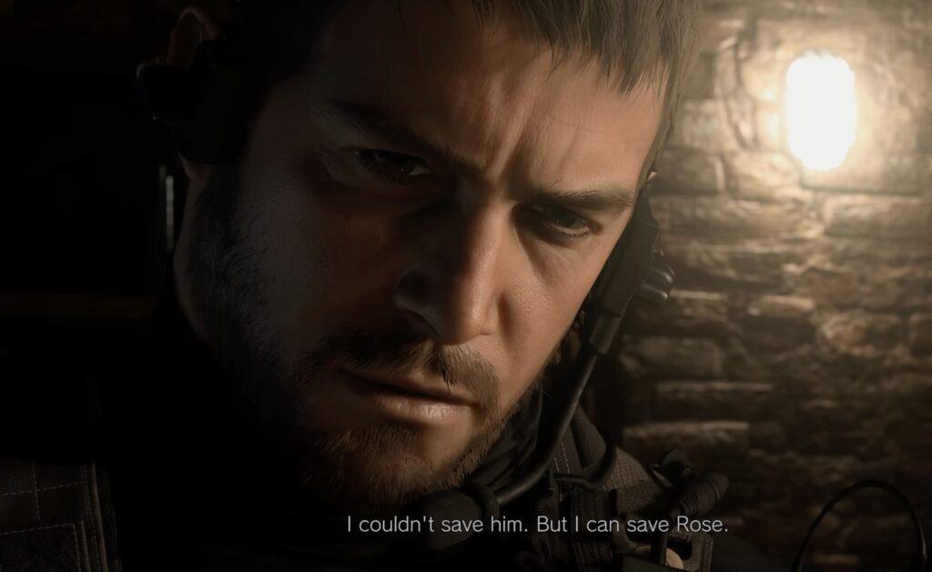 A close-up of Chris Redfield in Resident Evil Village