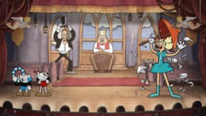 A boss battle in Cuphead: Don’t Deal with the Devil.