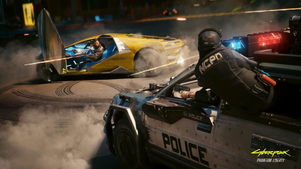 Police chase in Cyberpunk 2077: Phantom Liberty.