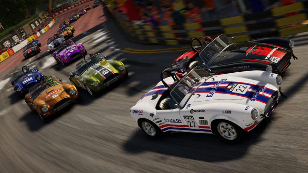 A screenshot of Grids Legend gameplay featuring race cars rounding a bend